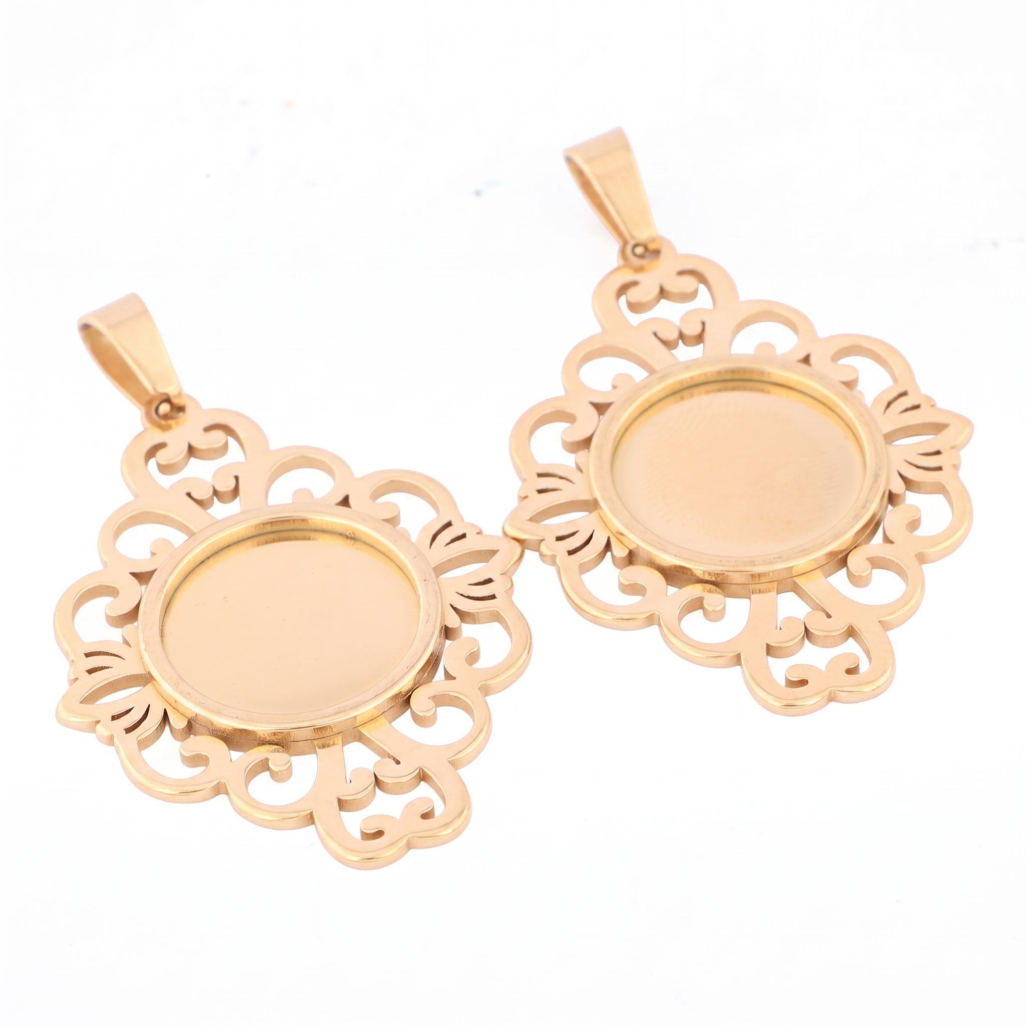 Pendant Blank Bezel - 5pcs Stainless Steel Filigree Flower Cabochon